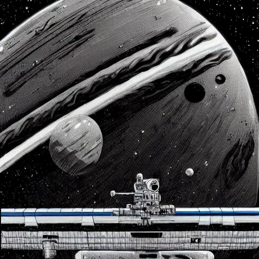 Prompt: space station above Jupiter in the style of Moebius and Ashley wood
