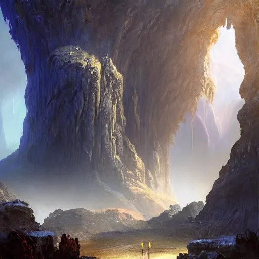 Image similar to “A beautiful hyper realistic detailed matte painting of the entrance to a dungeon of the gods at the base of an ancient mountain, dramatic lighting, dynamic lighting, cinematic lighting, lit by morning light, by Finnian MacManus and Jessica Rossier, unreal engine, featured on artstation, ultrawide angle, f8, polarizer filter, lava, magma, oversaturated, dof”
