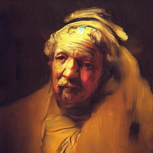 Prompt: a beautiful painting portrait of human pacha by rembrandt, featured on artstation