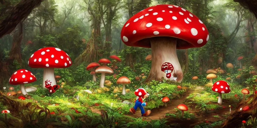 Image similar to Mario roaming through a forest landscape, Mushroom Kingdom, Super Mario Theme, giant red and white spotted mushrooms, by Stanley Artgerm Lau , greg rutkowski, thomas kindkade, alphonse mucha, loish, norman Rockwell