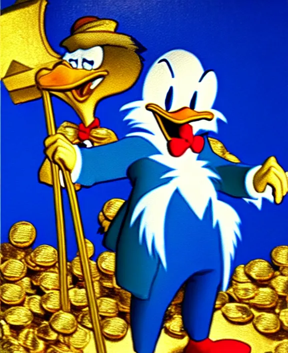 Image similar to Scrooge McDuck from the Duck Tales in blue costume standing on a mountain of golden gold and holding a cane, view from below, full body portrait including head, oil painting, highly detailed