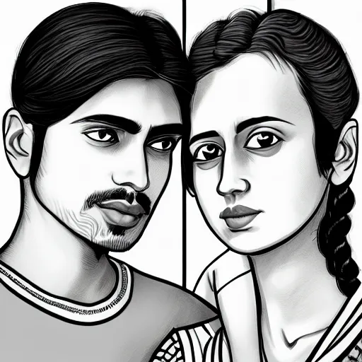 Image similar to perfectly centered symmetrical split male and female portrait of young indian man and woman in love sharing one heart. illustration, highly detailed, simple, no jagged lines, smooth, artstation, artwork by chip zdarsky