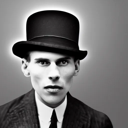 Image similar to A photograph portrait of Jerma985 wearing a bowler hat in the early 1920s, taken in the early 1920s, grainy, taken on a early 1900s Kodak Camera, realistic, hyperrealistic, very realistic, highly detailed, very detailed, extremely detailed, detailed, digital art, trending on artstation