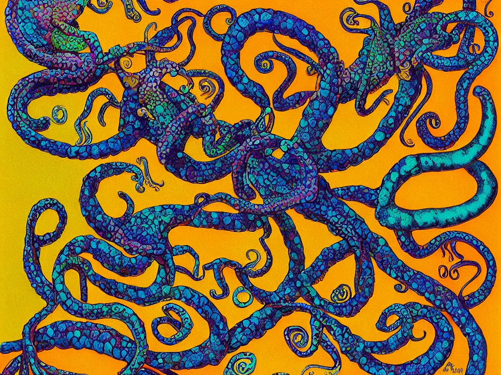 Image similar to chameleon and octopus, high detail, highly abstract, digital art, a bit vivid colors, a little bit touch of M. C. Escher