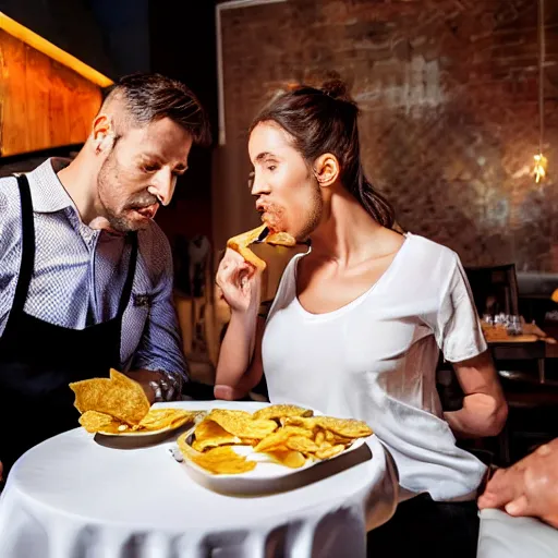 Prompt: fine italian restaurant with the waiter placing potato chips in a man's mouth