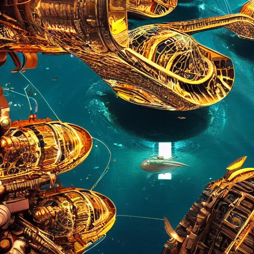 Image similar to city under the deep ocean, golden hour, fish swimming past, fantasy, hyper detailed, futuristic, technology, cinematic atmosphere, arnold render, trending on artstation, cgsociety