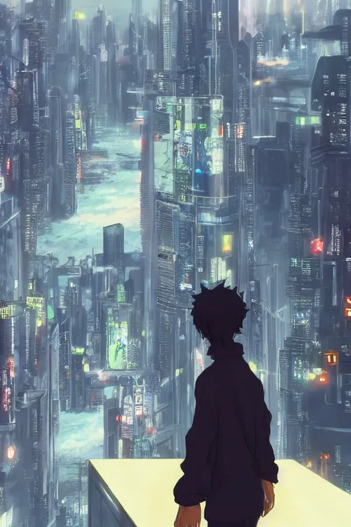 Image similar to man in white tracksuit overlooking a cyberpunk clean city, style of Mirror\'s Edge, dreamy, beautiful clouds, beautiful artwork by Makato Shinkai + Satoshi Kon, anime