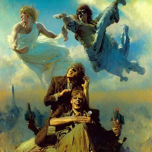 Prompt: john lennon and george harrison as zombies in heaven by gaston bussiere, craig mullins, j. c. leyendecker