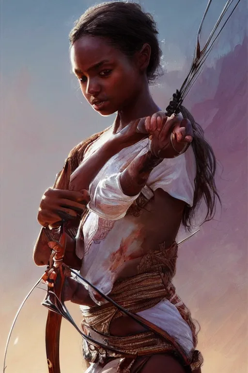 Image similar to artstation concept of a beautiful girl holding a bow and arrow, brown skin, sweaty skin, symmetrical face, casual white garment, white desert background, shiny colorful, hyperdetailed, artstation trending, world renowned artists, worth1000.com, cgsociety, by greg rutkowski, by Gustave Doré, Deviantart