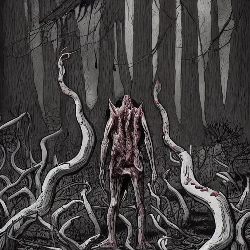 Image similar to sci - fi, hunters of monsters walking in a meat and bone forest, art by oscar chichoni