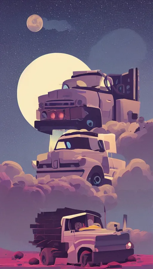 Image similar to truck against a moon, shooting stars, sharp focus, james gilleard, print, game art