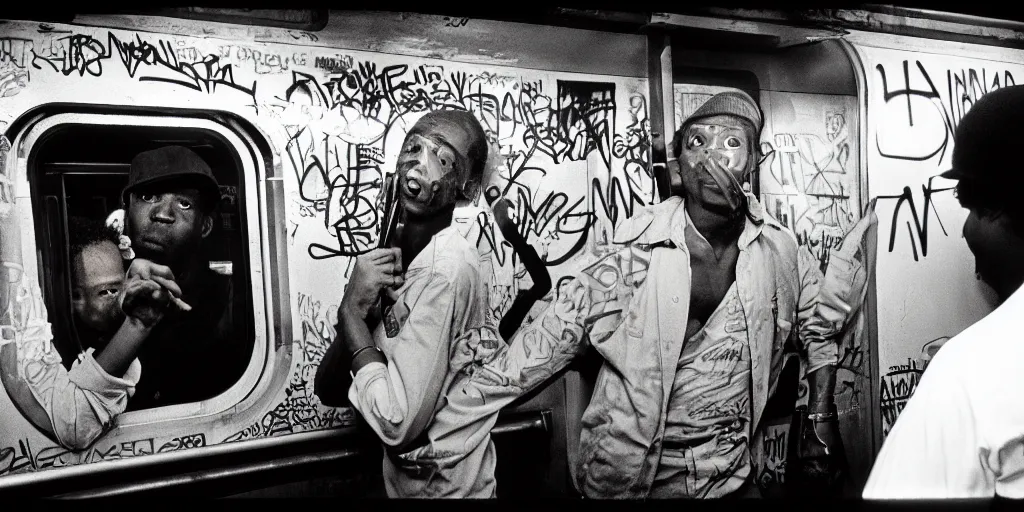 Image similar to new york subway cabin 1 9 8 0 s inside all in graffiti, black guy threatens another black guy with a gun, coloured film photography, christopher morris photography, bruce davidson photography