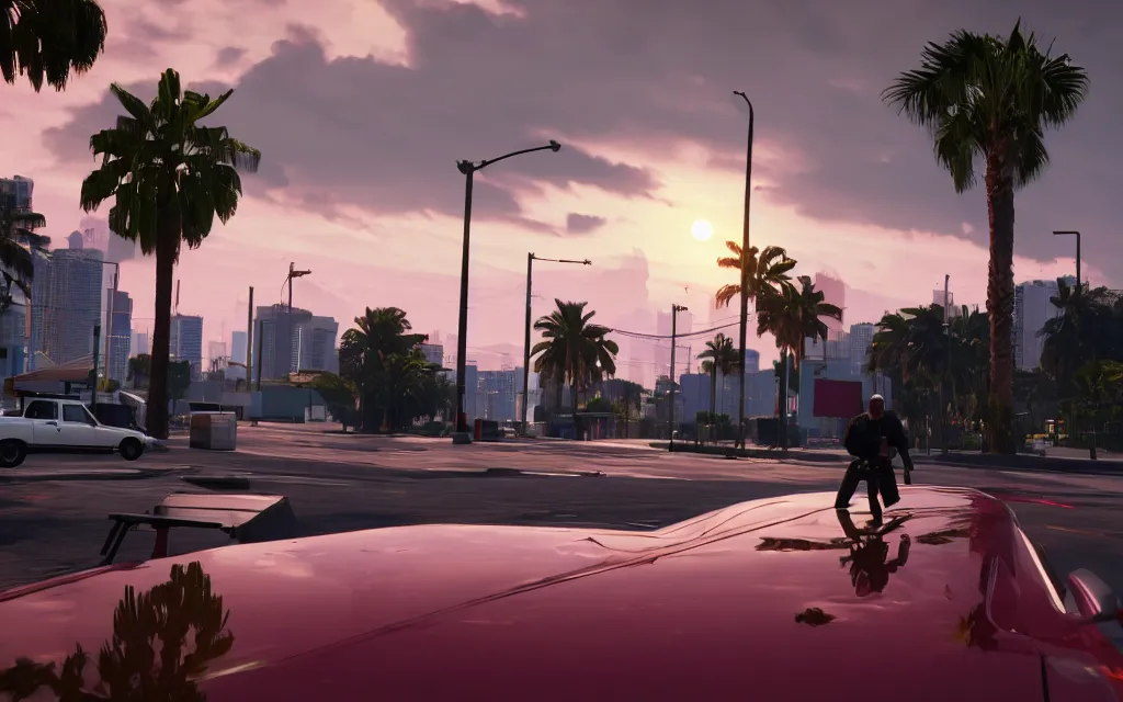 Image similar to still next - gen ps 5 game grand theft auto 6 2 0 2 4 remaster, graphics mods, rain, red sunset, people, rtx reflections, gta vi, miami, palms and miami buildings, photorealistic screenshot, unreal engine 5, 4 k, 5 0 mm bokeh, gta vice city remastered, artstation