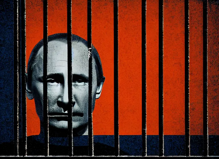 Image similar to Vladimir Putin as sad Keanu on a prison bench,behind bars, modern art deco, Mads Berg, Karolis Strautniekas,stippled light, dramatic lighting,fine texutre, editorial illustration,matte print, film noir, dark blue+dark orange+orange+beige+black+white,dynamic composition,moody, bauhaus