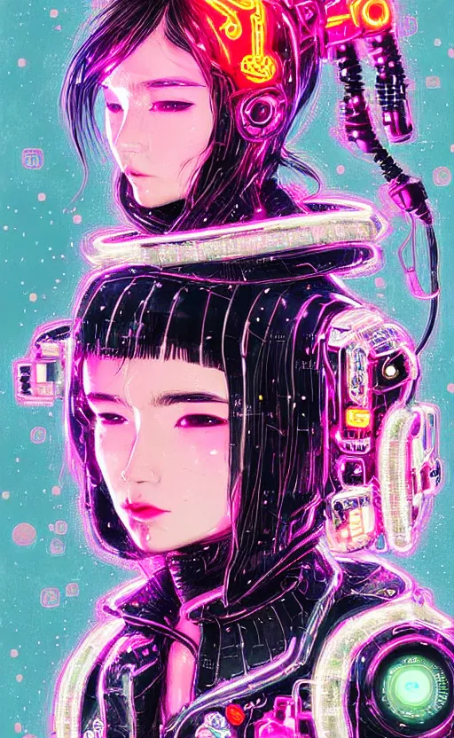 Prompt: detailed portrait petite western brunette woman with small eyes and thick lip Neon Operator girl, cyberpunk futuristic neon, reflective puffy coat, decorated with traditional Japanese ornaments by Ismail inceoglu dragan bibin hans thoma !dream detailed portrait Neon Operator Girl, cyberpunk futuristic neon, reflective puffy coat, decorated with traditional Japanese ornaments by Ismail inceoglu dragan bibin hans thoma greg rutkowski Alexandros Pyromallis Nekro Rene Maritte Illustrated, Perfect face, fine details, realistic shaded, fine-face, pretty face