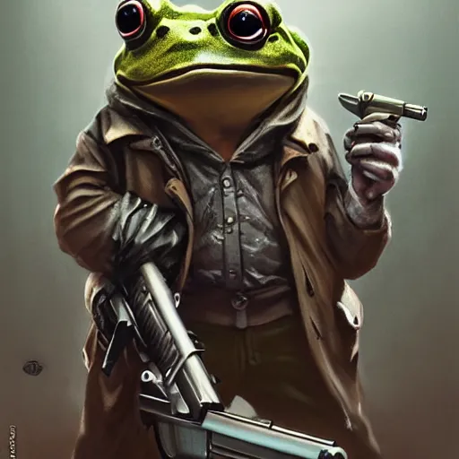 Prompt: badass gangsta frog. a frog mafia boss holding gun. nuri iyem, james gurney, james jean, greg rutkowski, anato finnstark. 1 3 5 mm, perfect guns