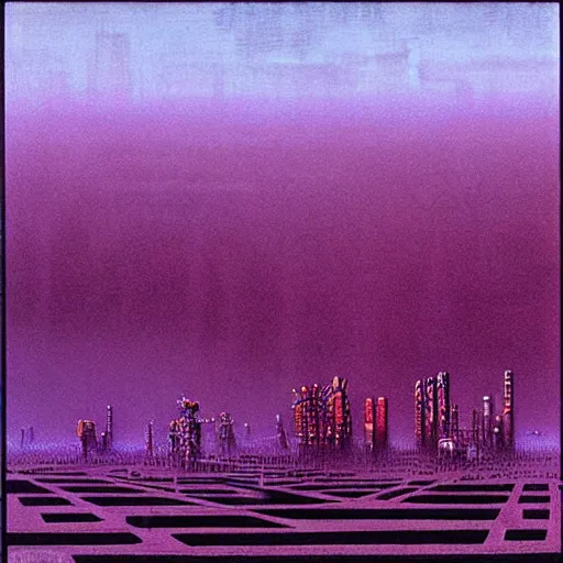 Prompt: purple cyberpunk city, by Beksinski and Hokusai