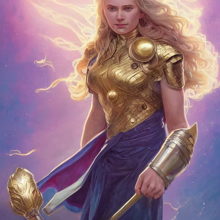 Prompt: beautiful female thor with sparkling eyes, summoning stormbreaker, highly detailed, gold filigree, fantasy, soft cinematic lighting, award, disney concept art, watercolor illustration by mandy jurgens and alphonse mucha and alena aenami, pastel color palette, featured on artstation