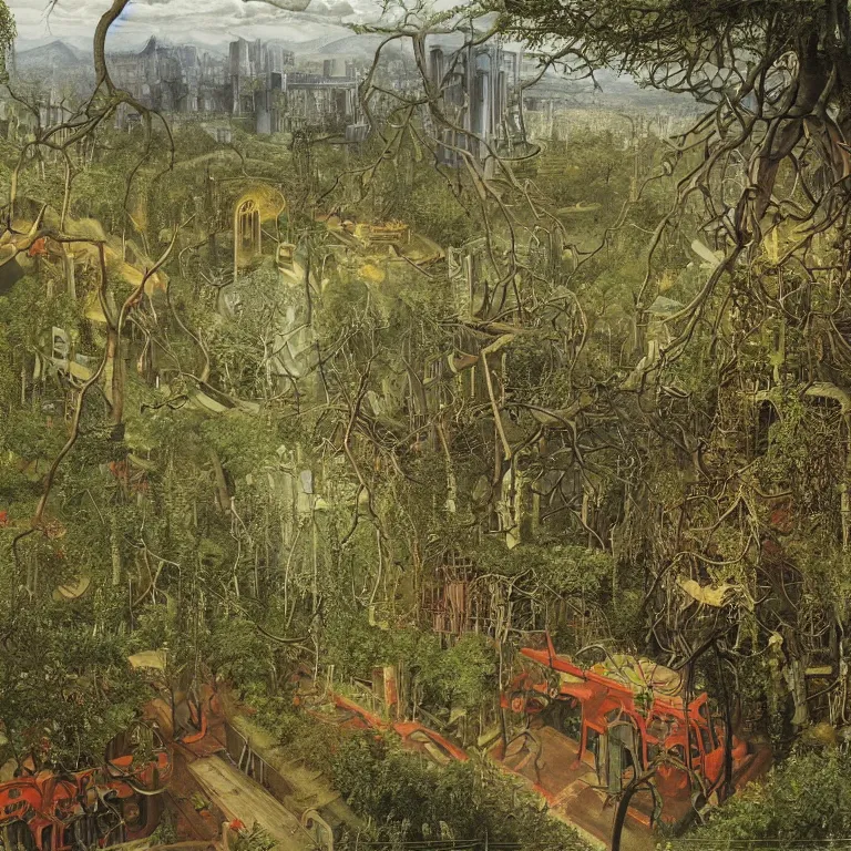 Image similar to Apocalypse with vegetation, leaves, creepers, ivy, ferns taking over the industrial, toxic, machinery, cities. Painting by Lucas Cranach, Wayne Barlowe