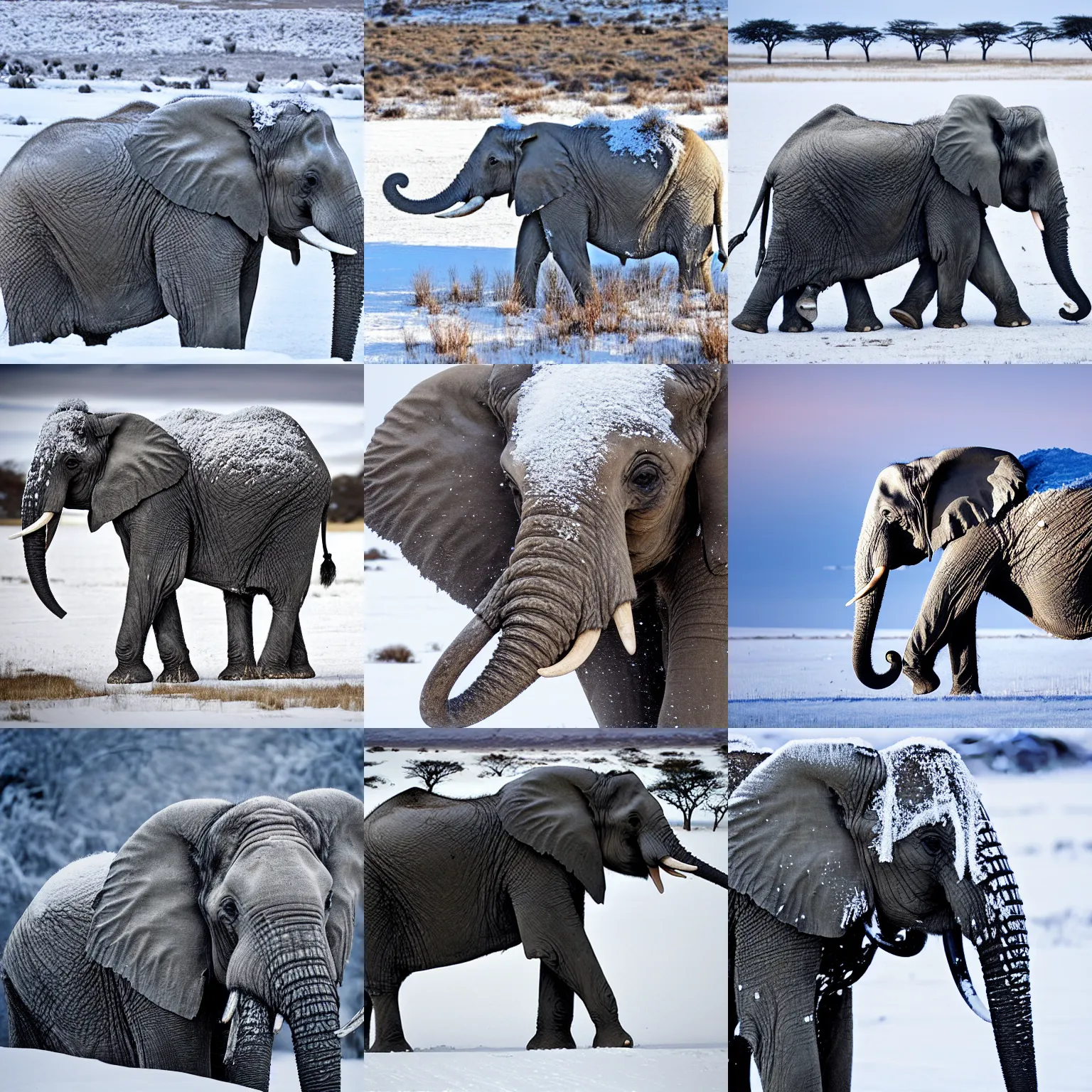 Prompt: elephant in the frozen serengeti covered in ice and snow