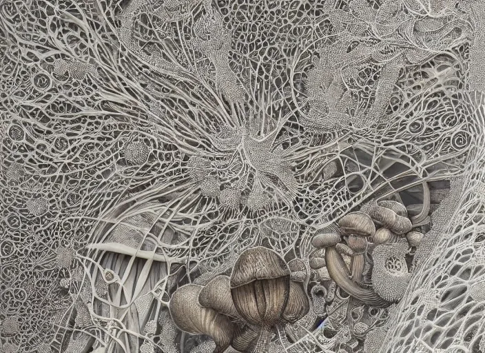 Image similar to a 3 d fungal world of mushroom fractals in the style of graffuturism, intricate mycelial lace, ultra detailed, by peter mohrbacher & james jean & william morris & ernst haeckel & zaha hadid