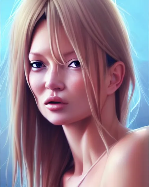 Image similar to portrait of Kate Moss as Anime girl cute-fine-face, full body! pretty face, realistic shaded Perfect face, fine details. Anime. realistic shaded lighting by Ilya Kuvshinov Giuseppe Dangelico Pino and Michael Garmash and Rob Rey
