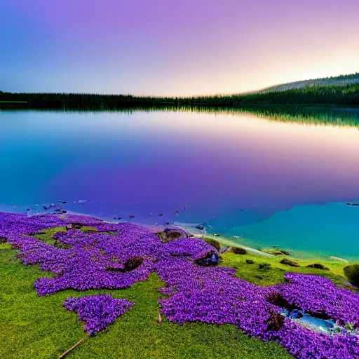 Prompt: Stunning 4K photograph of a lake covered in purple mist. All the stars in the night sky are completely black. The stars are black.