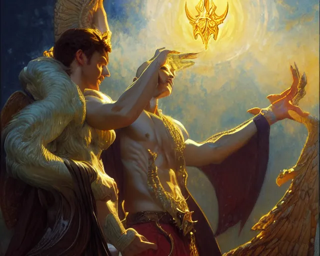 Image similar to attractive male deity, casting demonic magic, summoning handsome lucifer morning star. highly detailed painting by gaston bussiere, craig mullins, j. c. leyendecker 8 k