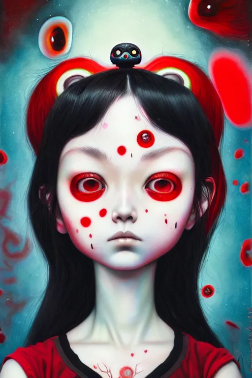 Image similar to a woman with red eyes and black hair, oil canvas art style by hikari shimoda, guillermo del toro and mark ryden, featured on cgsociety, pop surrealism, daz 3 d, anaglyph effect, iridescent, masterpiece