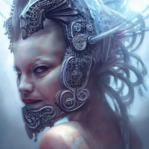 Image similar to Very very very very highly detailed epic photo of face with venetian mask, intricate, dystopian, sci-fi, extremely detailed, digital painting, artstation, concept art, smooth, sharp focus, illustration, intimidating lighting, incredible art by Artgerm and Brom