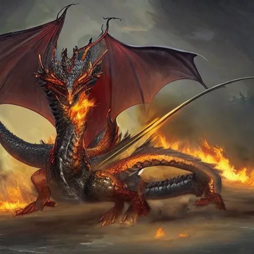 Prompt: a massive mythological dragon with no arms and two legs a long tail, blowing out fire into an opposing army