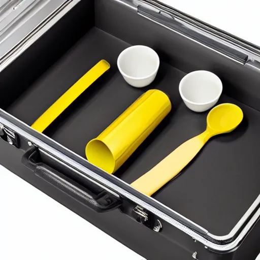 Image similar to yellow coffee mug similar to a rimowa aluminium suitcase, full of steaming coffee