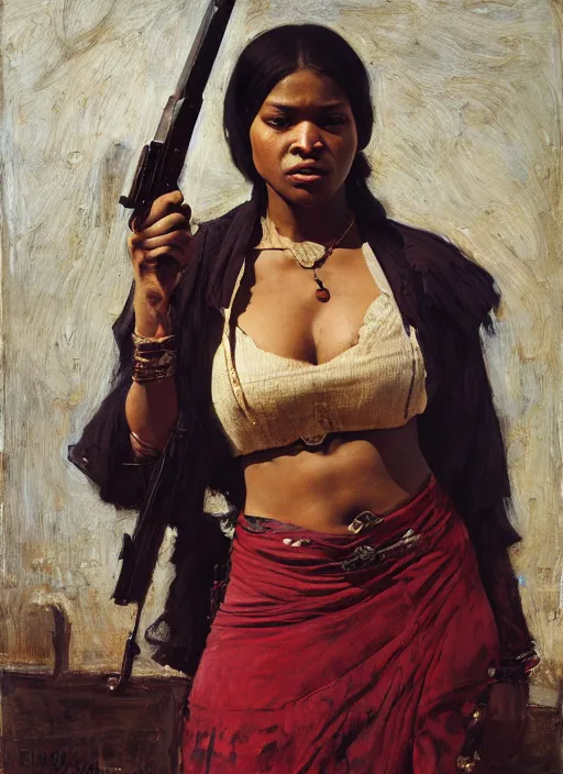 Image similar to maria igwe. Old west bounty hunter. Iranian orientalist portrait by john william waterhouse and Edwin Longsden Long and Theodore Ralli and Nasreddine Dinet, oil on canvas. Cinematic, hyper realism, realistic proportions, dramatic lighting, high detail 4k