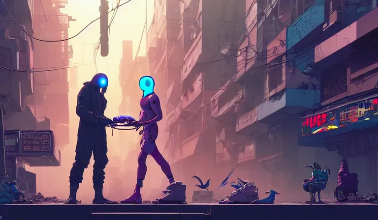 Prompt: cyborg feeding electric pigeons at a dirty crowded streetcorner, cyberpunk, by Josan Gonzalez and Tomer Hanuka and Moebius and Brad Rigney and Greg Rutkowski,highly detailed, UHD, 8K, Ghost in the shell, Blade Runner, Shadowrun, bokh, dof