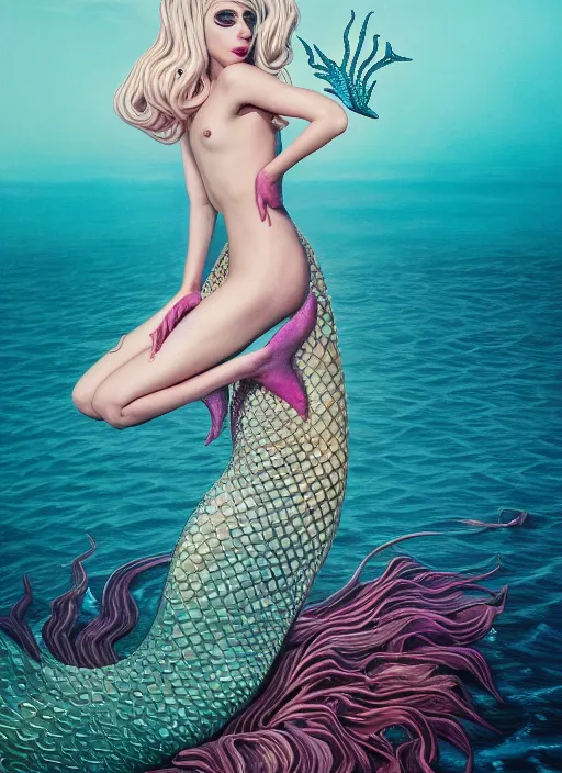 Image similar to lady gaga mermaid, deep ocean : : by martine johanna and simon stalenhag and chie yoshii and casey weldon and wlop : : ornate, dynamic, particulate, rich colors, intricate, elegant, highly detailed, vogue, harper's bazaar art, fashion magazine, smooth, sharp focus, 8 k, octane render,