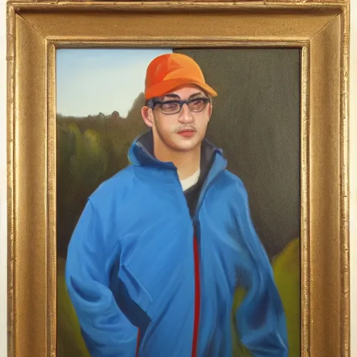 Image similar to guy in a blue jacket, landscape, oil painting