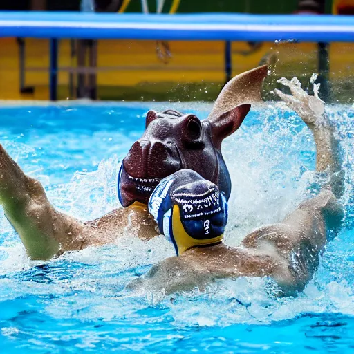 Image similar to water polo with hippopotamuses instead of horses.