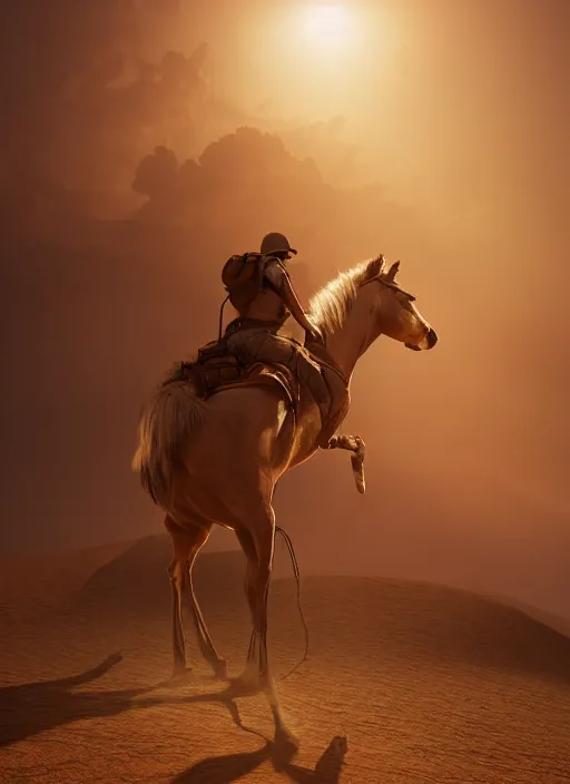 Prompt: man backpacking horse in desert, volumetric lighting, beautiful, golden hour, sharp focus, ultra detailed, cgsociety by leesha hannigan, ross tran, thierry doizon, kai carpenter, ignacio fernandez rios, noir photorealism, film