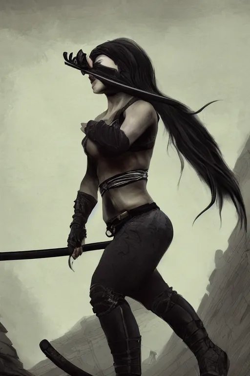 Prompt: female ninja warrior, dark clothes, wielding katana, wind in the hair, overcast weather, digital concept art, heavily detailed, realistic, ariel perez, trending on artstation