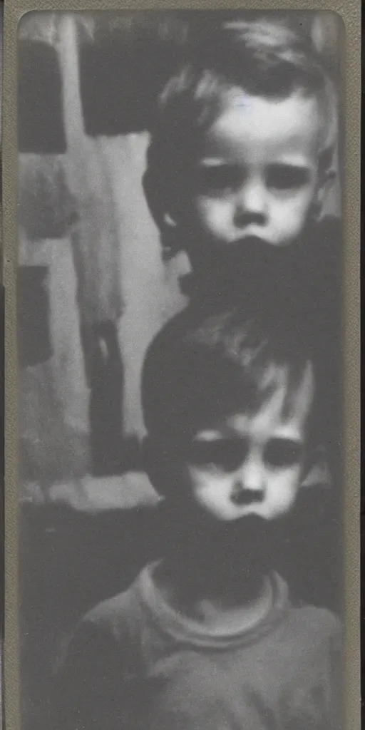 Prompt: found polaroid photo of a young boy with a horrifying figure looming behind him in a musty basement, detailed real photo