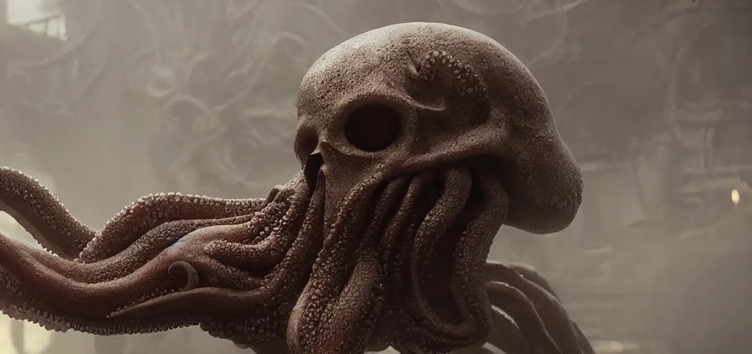 Prompt: an octopus in the shape of a skull, foggy, | cinematic shot |, photo still from movie by denis villeneuve, wayne barlowe