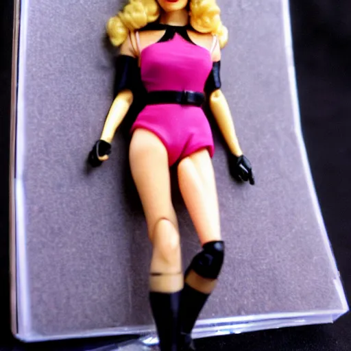 Image similar to photograph of 1 9 8 0 s femme fatale collectable action figure still in original packaging, noir toys line