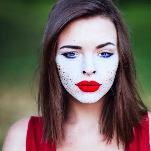 Image similar to close up portrait photo of the left side of the face of a brunette woman with stars inside her eyes, red lipstick and freckles. she looks directly at the camera. Slightly open mouth, face covers half of the frame, with a park visible in the background. 135mm nikon. Intricate. Very detailed 8k. Sharp. Cinematic post-processing. Award winning photography