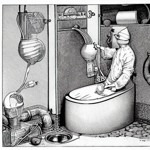 Image similar to heath robinson illustration of the human heart as plumbing