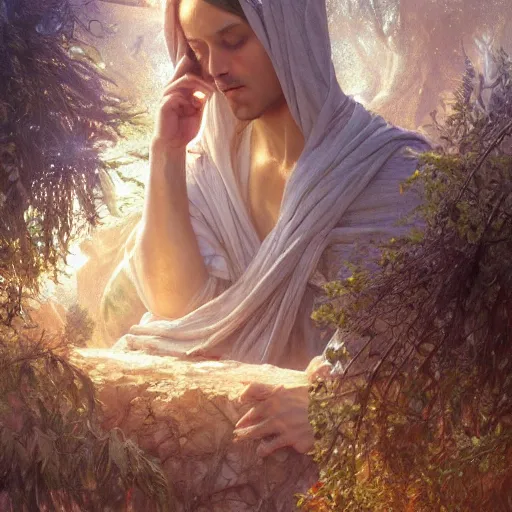 Image similar to Agony in the Garden of Getsemane. photorealistic, high resolution, award winning, trending on artstation, intricate, elegant, highly detailed, digital painting, artstation, concept art, smooth, sharp focus, illustration, art by artgerm and greg rutkowski and alphonse mucha