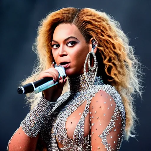 Image similar to Beyonce giving a concert, (EOS 5DS R, ISO100, f/8, 1/125, 84mm, postprocessed, crisp, amazing eyes, facial features)