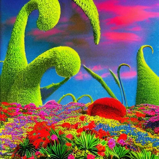 Image similar to ! dream a beautiful landscape with incredible flora by dr. seuss