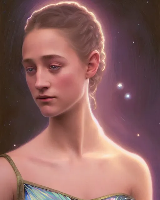 Image similar to a portrait painting of a shy, blushing 1 6 - year old alicia vikander or saoirse ronan as a space princess, backlit, wearing a futuristic translucent iridescent plastic space suit, elegant, highly detailed, artstation, concept art, by krenz cushart and donato giancola and william adolph bouguereau and alphonse mucha