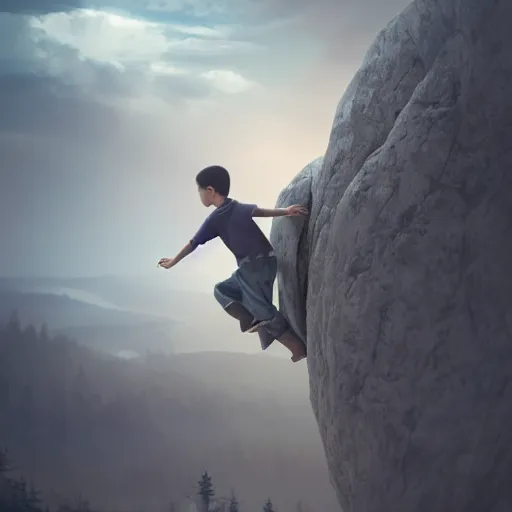 Prompt: a boy having basket on his back and he is climbing on the mountain, tall boy by Greg rutkkwski, Sung Choi, 8k Photo realistic, cinematic lighting, HD, high details, atmospheric, foggy , magical effect, clean and clear fave, full body, trending on artstation, devianart, golden ratio, rule of thirds