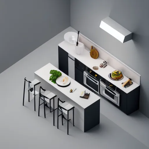 Image similar to isometric minimalistic chubby kitchen, 3 d illustration, 1 0 0 mm, depth of field, octane render, studio lighting